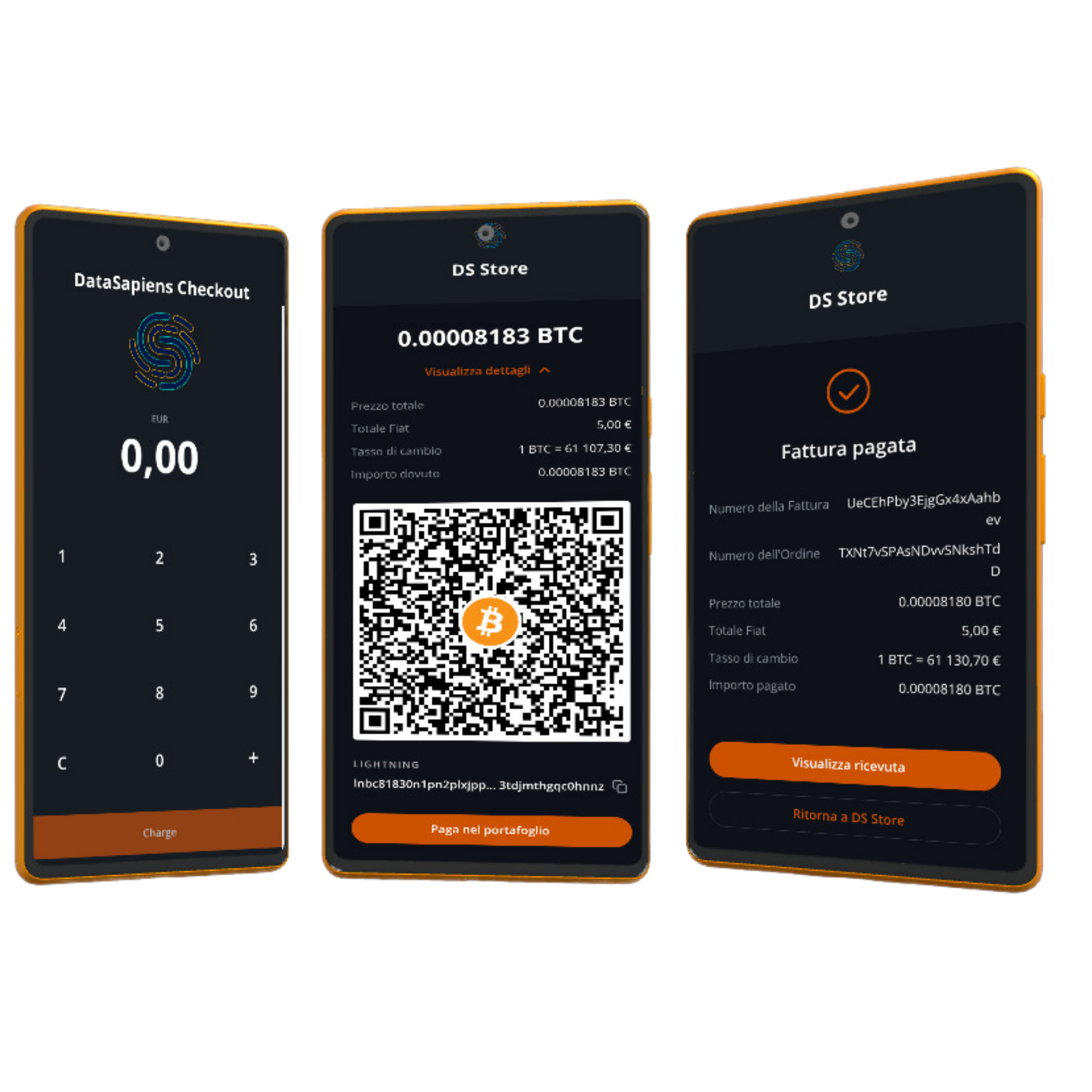 Schema dei 3 step di un pagamento Bitcoin: QR, conferma, incasso
