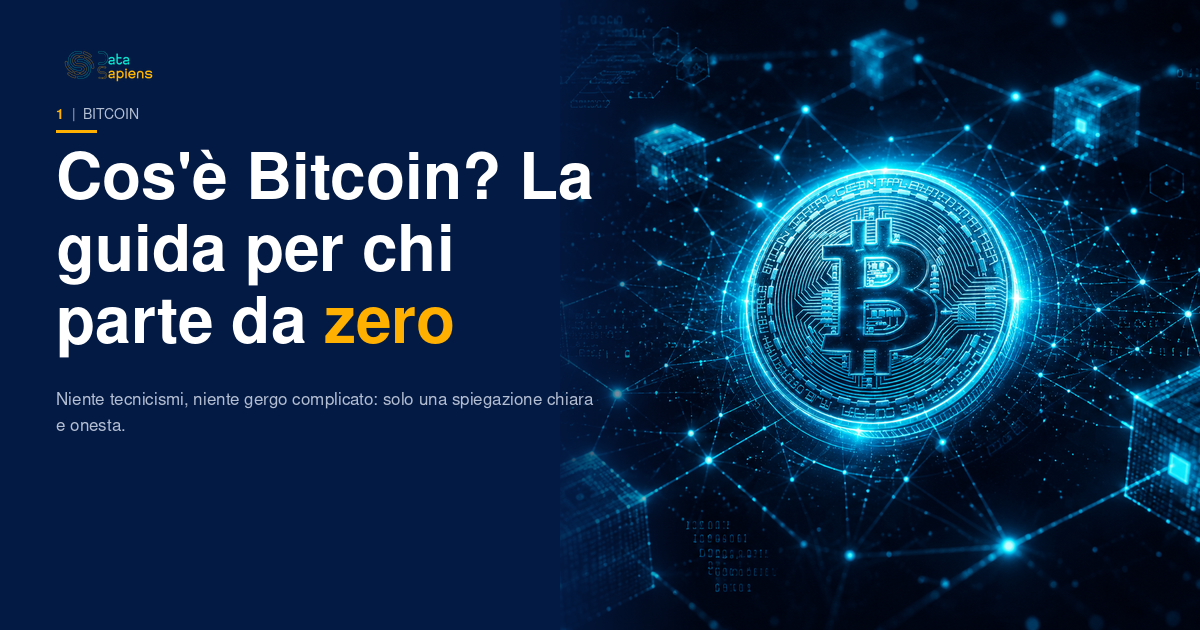 Simbolo Bitcoin su sfondo scuro con rete di blocchi interconnessi, guida per principianti