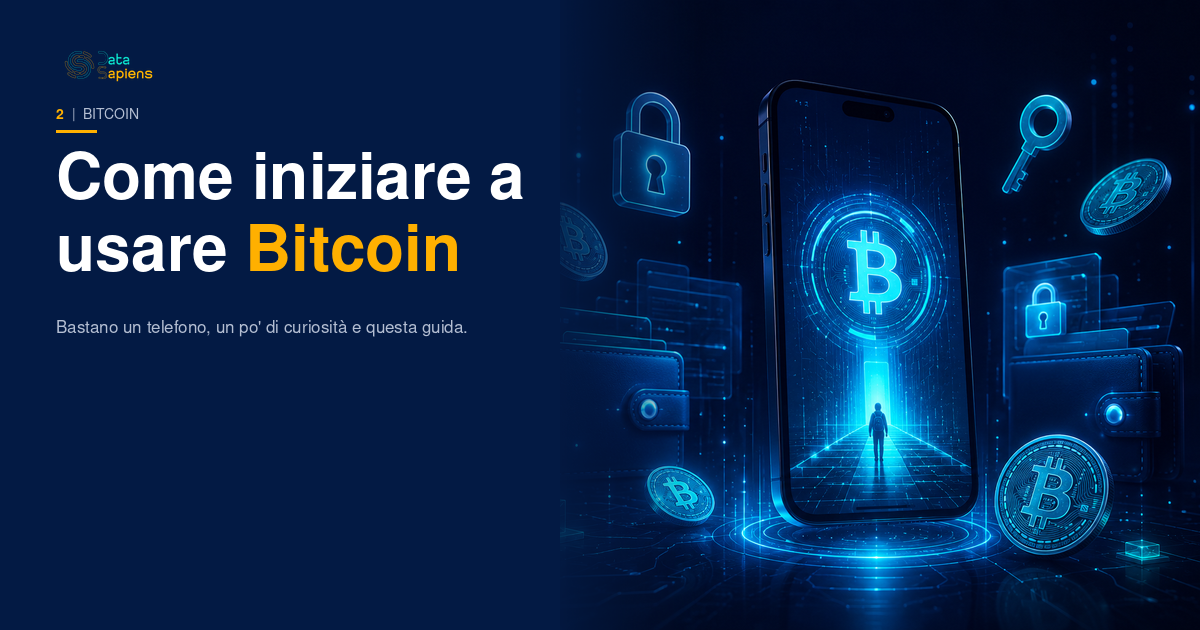 Smartphone con wallet Bitcoin aperto, illustrazione guida pratica per principianti
