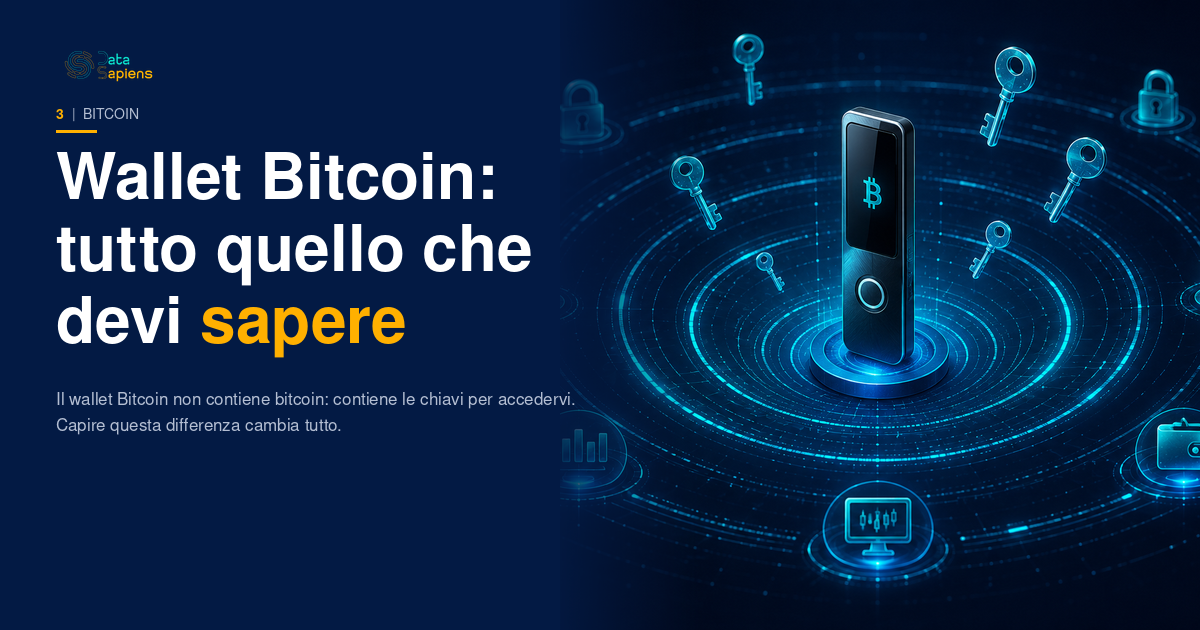 Hardware wallet Bitcoin con chiavi crittografiche e simbolo di sicurezza su sfondo navy