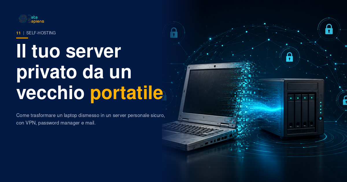 Un vecchio laptop che si trasforma in un server domestico, circondato da icone di lucchetti e scudi che simboleggiano privacy e sovranità digitale