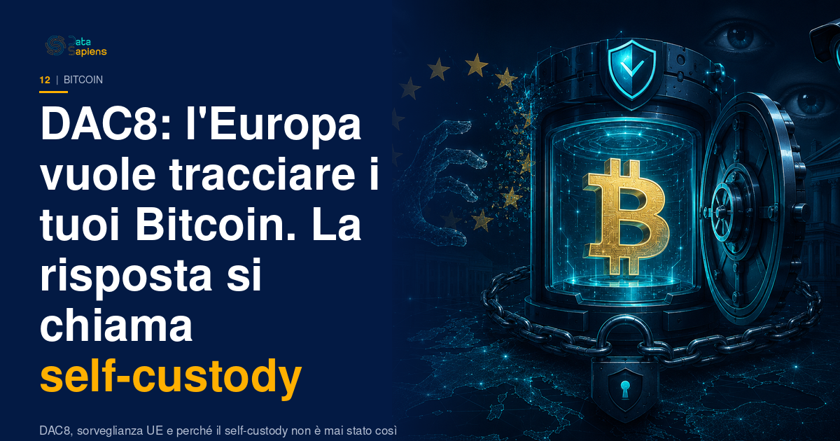 Un lucchetto digitale circondato da schermi di sorveglianza e simboli istituzionali europei, con un simbolo Bitcoin al centro protetto
