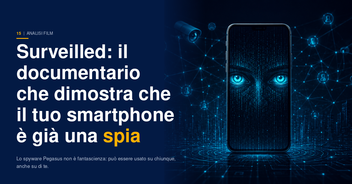 Uno smartphone buio da cui fuoriescono occhi digitali luminosi su sfondo navy, simbolo dello spyware che controlla silenziosamente