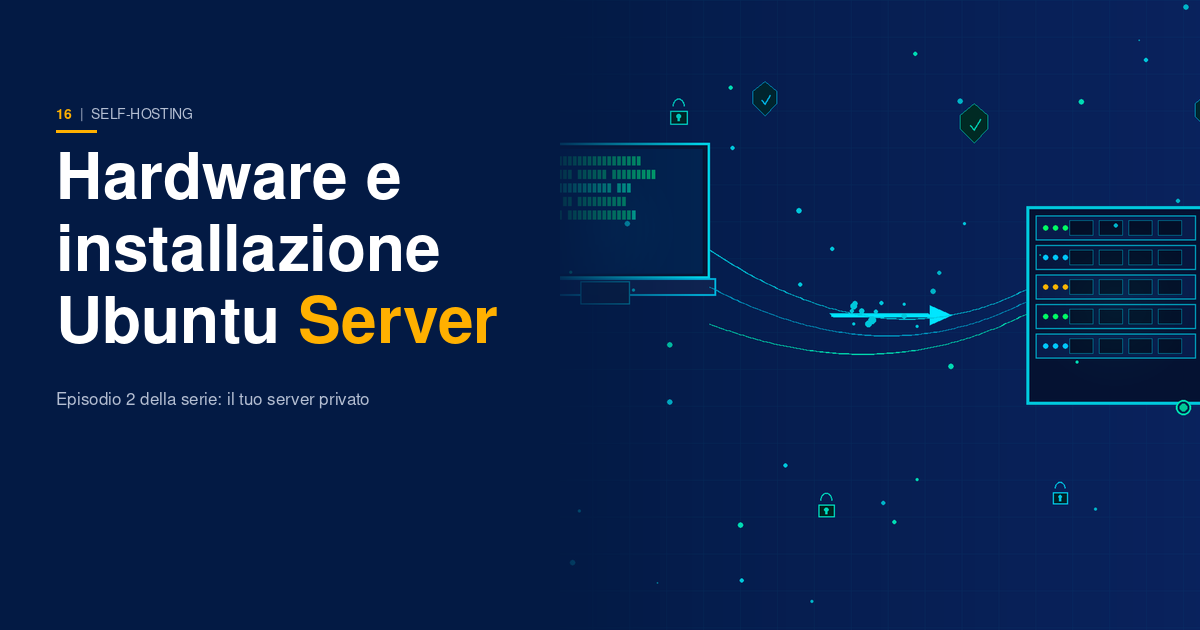Un vecchio laptop aperto su uno schermo terminale con Ubuntu Server, circondato da cavi di rete e icone di sistema su sfondo scuro