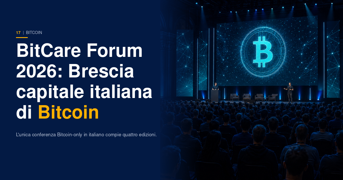 Il Teatro Clerici di Brescia illuminato di arancione e blu durante il BitCare Forum 2026, con logo Bitcoin sullo sfondo