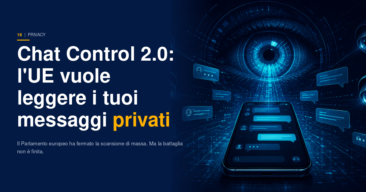 Uno smartphone con icone di messaggistica circondato da occhi digitali e simboli di sorveglianza su sfondo navy scuro