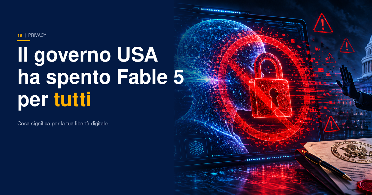 Uno schermo spento con un modello AI oscurato da un timbro rosso 'BLOCKED', su sfondo navy con bandiera americana stilizzata