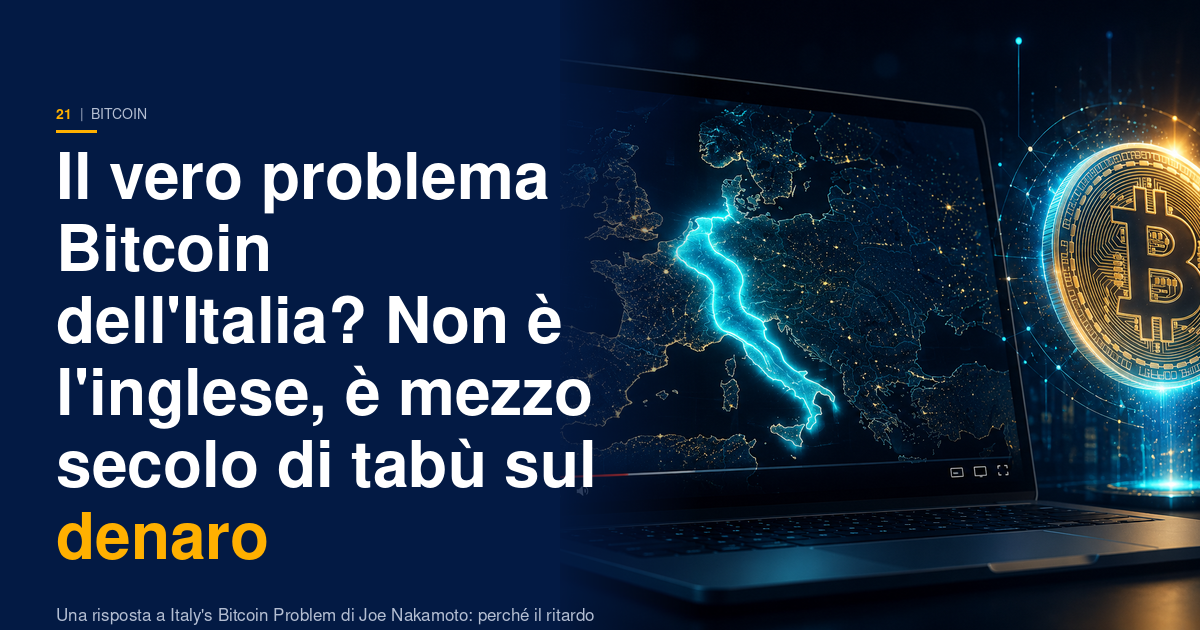 Copertina DataSapiens: un laptop che riproduce un video con la mappa dell'Europa e la fascia Blue Banana evidenziata in ciano lungo l'Italia, accanto a una moneta Bitcoin dorata luminosa, su sfondo navy