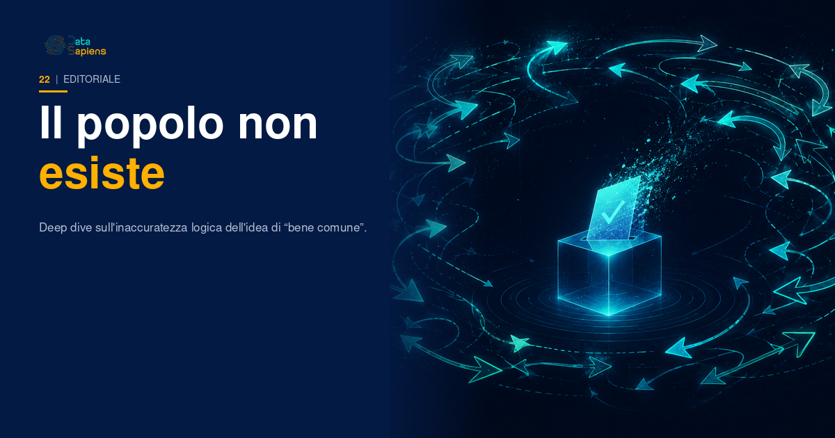 Copertina DataSapiens: una folla di frecce individuali che si scompone tentando di comporre un'unica freccia collettiva che non si chiude mai, su sfondo navy con accenti ciano