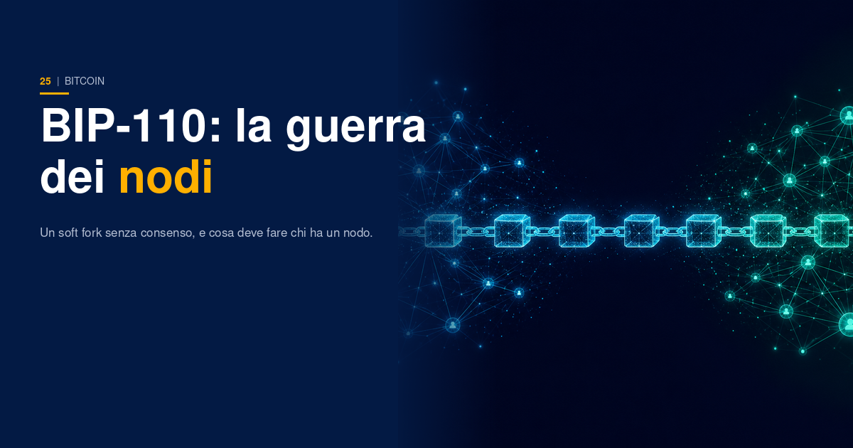 Copertina DataSapiens: due reti di nodi luminosi che si fronteggiano lungo un'unica catena a blocchi che resta integra, su sfondo navy con accenti ciano