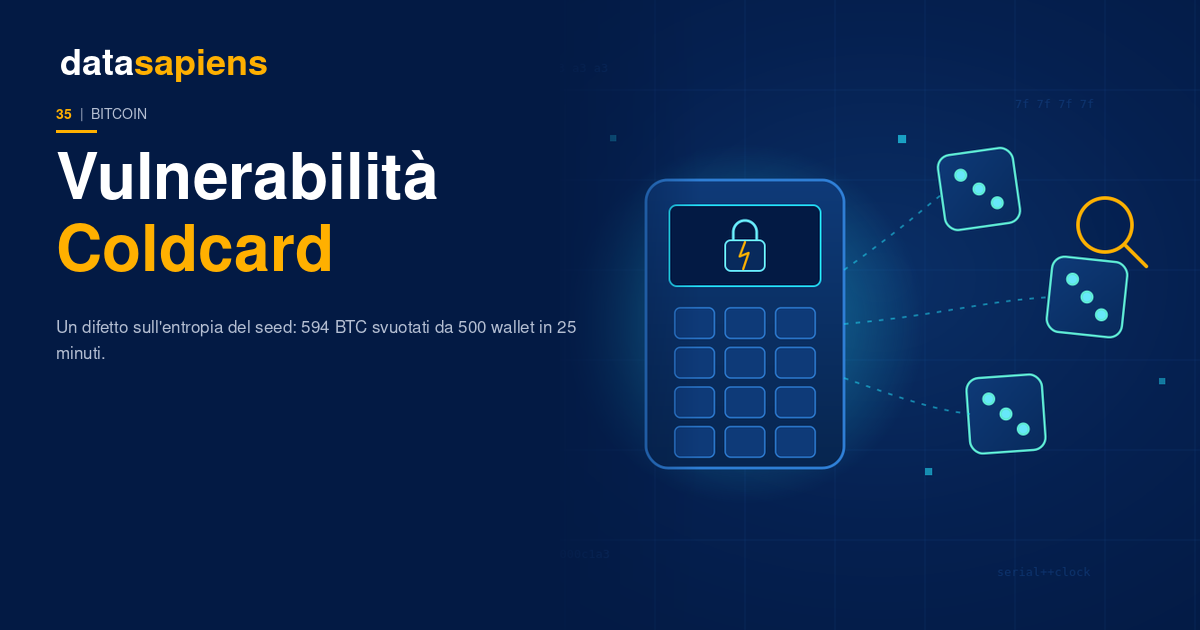 Copertina DataSapiens: un dado luminoso che rivela facce prevedibili accanto a un hardware wallet, su sfondo navy con accenti ciano