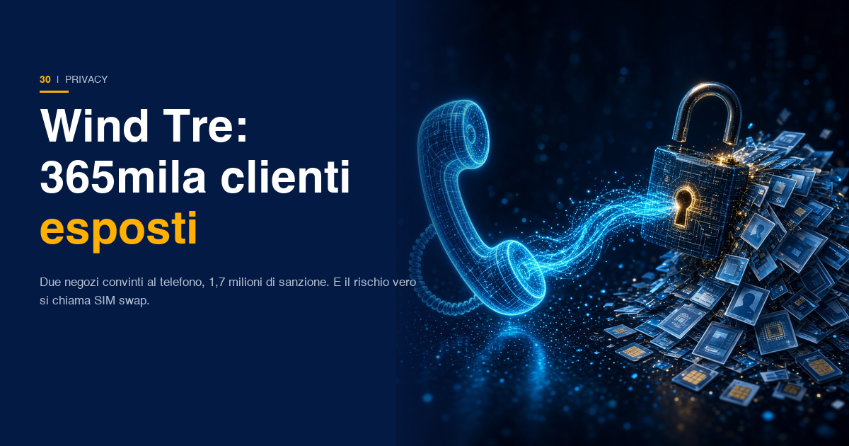 Copertina DataSapiens: la cornetta di un telefono da cui si dipana un filo luminoso che apre una serratura digitale su un archivio di dati clienti, su sfondo navy con accenti ciano