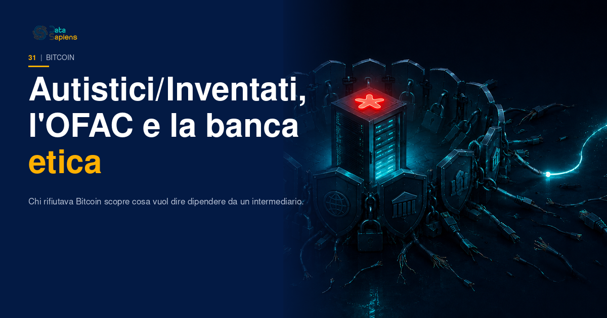 Copertina DataSapiens: un server rack sormontato dalla stella rossa di Autistici/Inventati, accerchiato da una barriera di scudi bancari, lucchetti e cavi di rete recisi; un solo filo di luce ciano lo raggiunge da fuori il perimetro, su sfondo navy