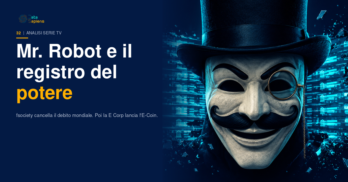 Copertina DataSapiens: la maschera di fsociety con cilindro, monocolo e baffi a manubrio, davanti a righe di un registro bancario luminoso che si frantumano, su sfondo navy con accenti ciano