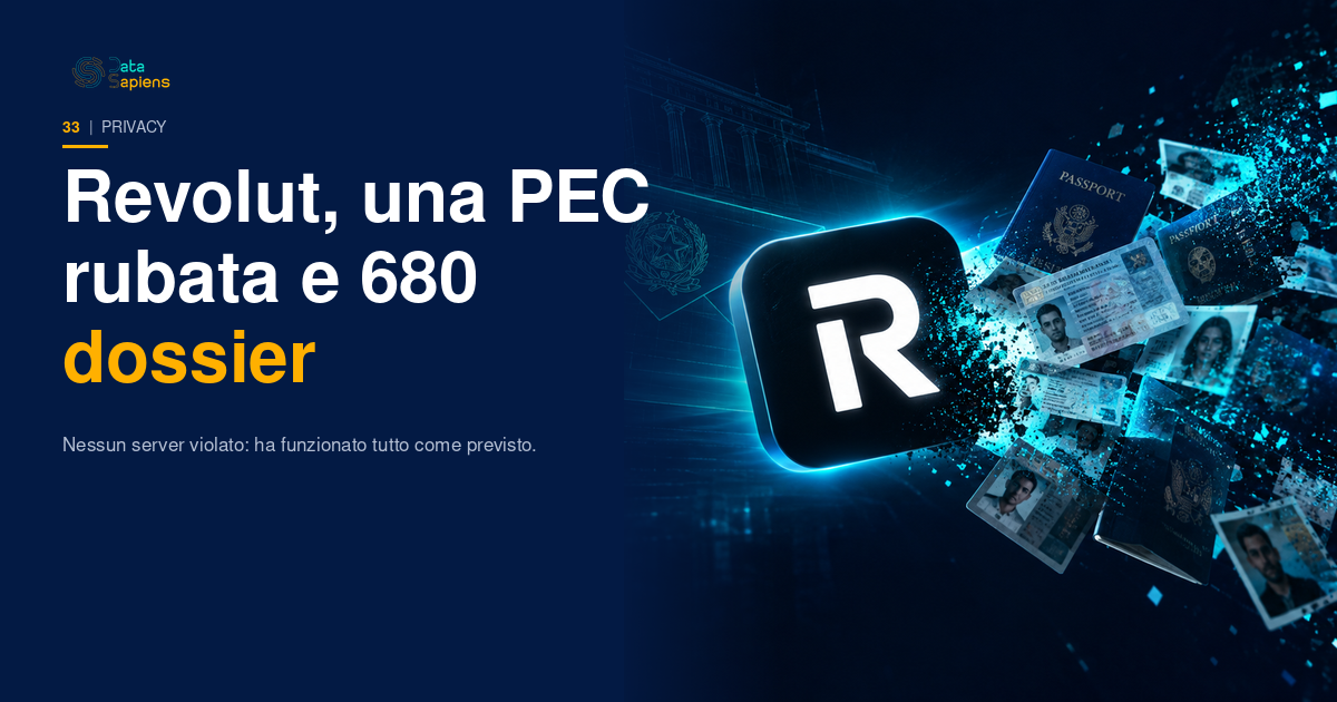 Copertina DataSapiens: il logo Revolut che si dissolve in un fascio di documenti d'identità e passaporti dispersi, su sfondo navy con accenti ciano
