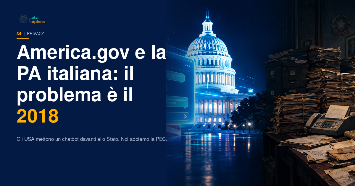 Copertina DataSapiens: a sinistra la cupola illuminata del Campidoglio USA con una finestra di chat AI olografica e la bandiera americana; a destra un ufficio pubblico italiano sommerso di faldoni, fax e un vecchio monitor CRT sotto il tricolore