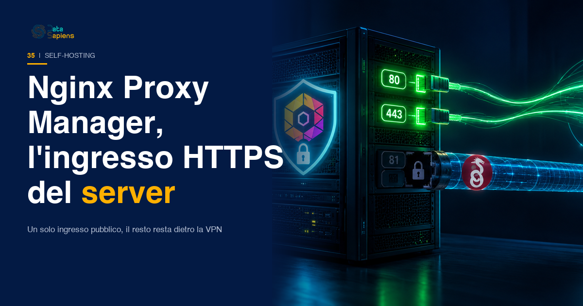Copertina DataSapiens: un server casalingo con lo scudo di Nginx Proxy Manager, le porte 80 e 443 accese verso internet e la porta 81 sigillata dietro il tunnel WireGuard