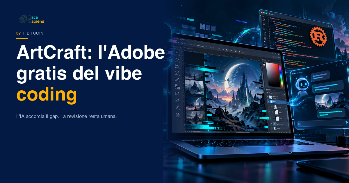 Copertina DataSapiens: schermo di un laptop con un editor di immagini simile a Photoshop chiamato Photocraft, il logo ArtCraft e righe di codice Rust generate dall'IA