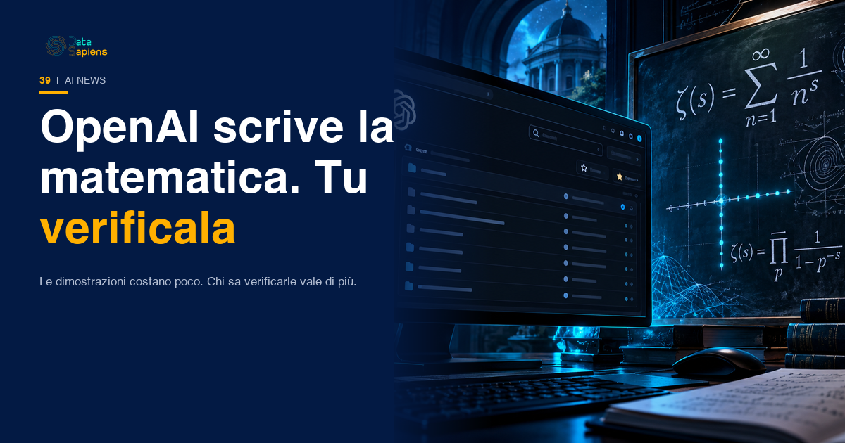 Copertina DataSapiens: la pagina del repository GitHub openai/math su un monitor scuro, accanto a una lavagna con formule della funzione zeta e un segno di spunta verde di Lean