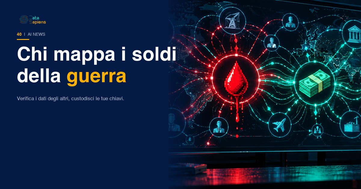 Copertina DataSapiens: mappa di rete scura con nodi aziendali luminosi e flussi di denaro su uno schermo da terminale, con un hardware wallet Bitcoin arancione in primo piano