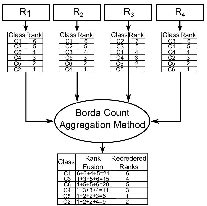Schema del metodo Borda: quattro classifiche individuali con sei opzioni ciascuna confluiscono in un unico calcolo che somma i punteggi di posizione e produce una classifica finale riordinata