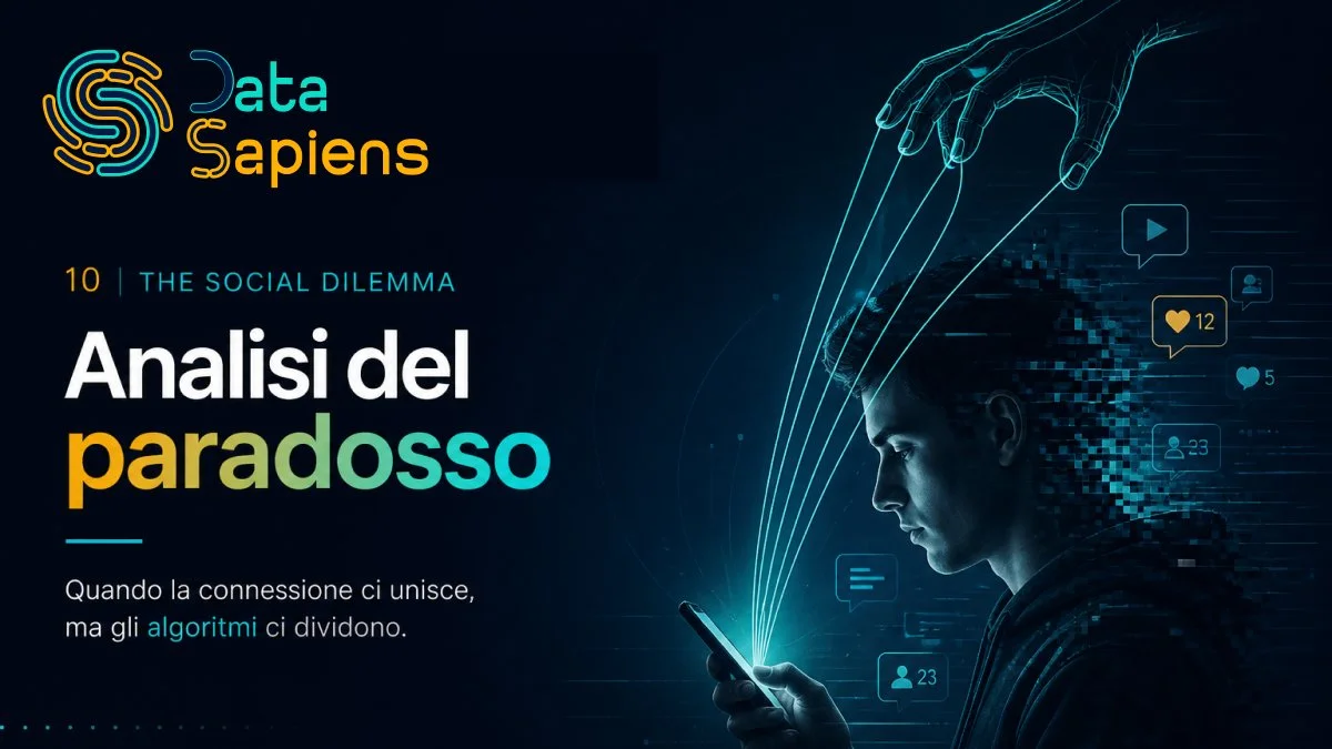 Una mano digitale che manovra uno smartphone come un burattinaio — illustrazione del controllo algoritmico sui social media
